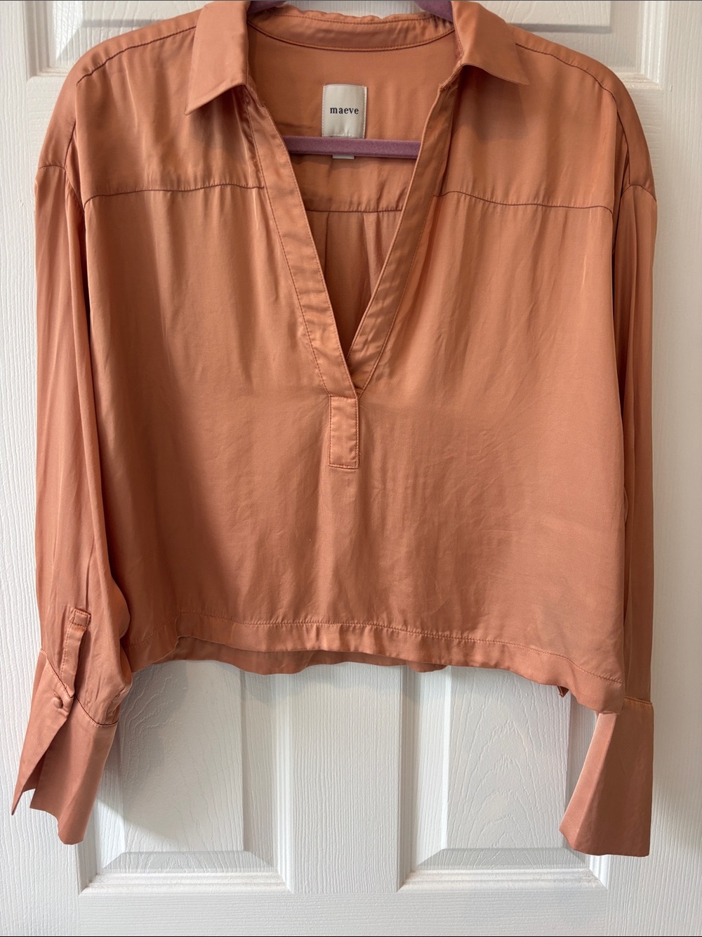 Maeve Terracotta Peach Cropped Blouse Silk lookViscose with Open French Cuff